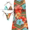 GORGLITTER Women's 3 Piece Floral Leopard Swimsuit Halter Triangle High Waisted Thong Bikini Set with Beach Skirt,  S
