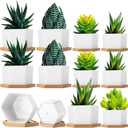 Meanplan 12 Pack Small Succulent Plant Pots Bulk White Ceramic Plant Pots with Bamboo Saucers Hexagon Pot with Drainage Holes for Indoor Outdoor(4", 3")