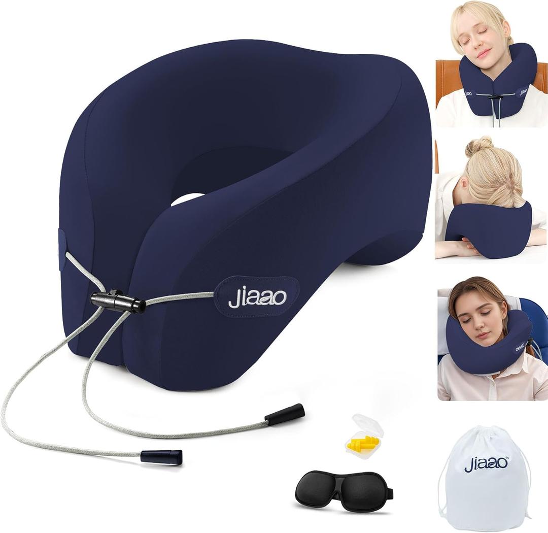 Jiaao Neck Pillow Airplane, Ergonomic Memory Foam Travel Pillows for Long Flights, 3D Eye Masks, Ear Plugs and Portable Drawstring Bag, Napping Pillow for Home, Sleep Rest, Family and Travel Use (Dark Blue (Drawstringe))