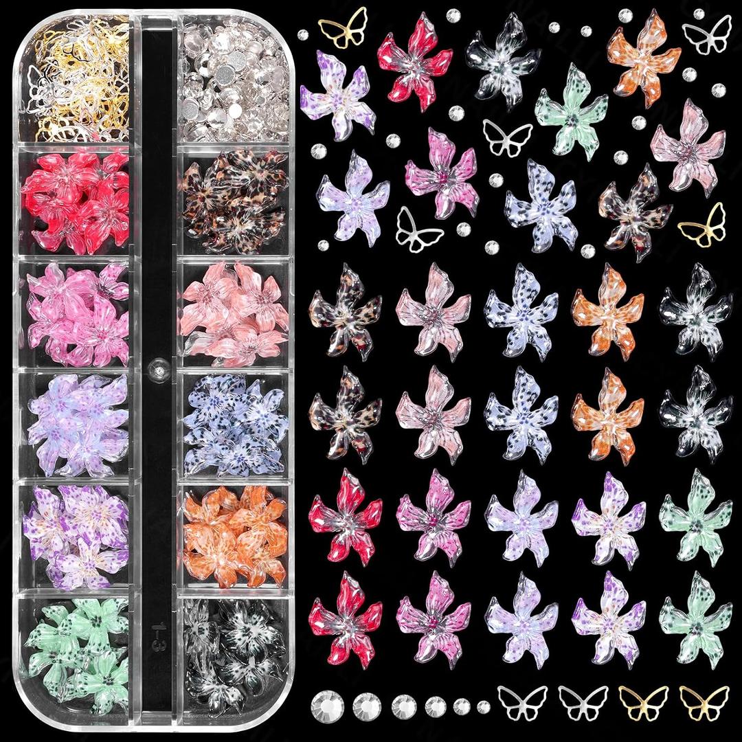 2 x 3D Flower Nail Charms, Hawaii Hibiscus Floral Nails Art Charms Spring Summer Colorful Flower Nail Jewelry and Rhinestones, Silver Gold Butterfly Flowers Nail Design for Women Nail Supplies