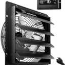 HG Power 16 Inch Attic Fan with Thermostat, 1681 CFM Shutter Exhaust Fan with Smart Temperature Humidity Controller, Wall Mounted Greenhouse Fan with EC Motor for Garage, Shed Ventilation, Black