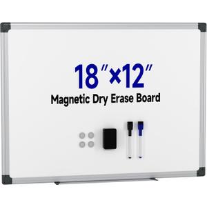 Magnetic White Board Hanging 18" x 12" for Wall, Small Dry Erase Board for Kids, Kitchen, Office, Includes 1 Eraser, 2 Markers, 4 Magnets, Pen Tray, Silver Aluminum Frame