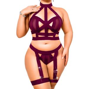 Curvy Lady's Strappy Lingerie For Women, Plus Size Exotic Garter Thong, BBW Halter Gifts For Him 3 Piece Set, 2XL
