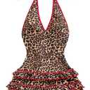 Milumia Women's Leopard Print Sleeveless Halter Romper Y2K Contrast Binding Shorts Jumpsuit M