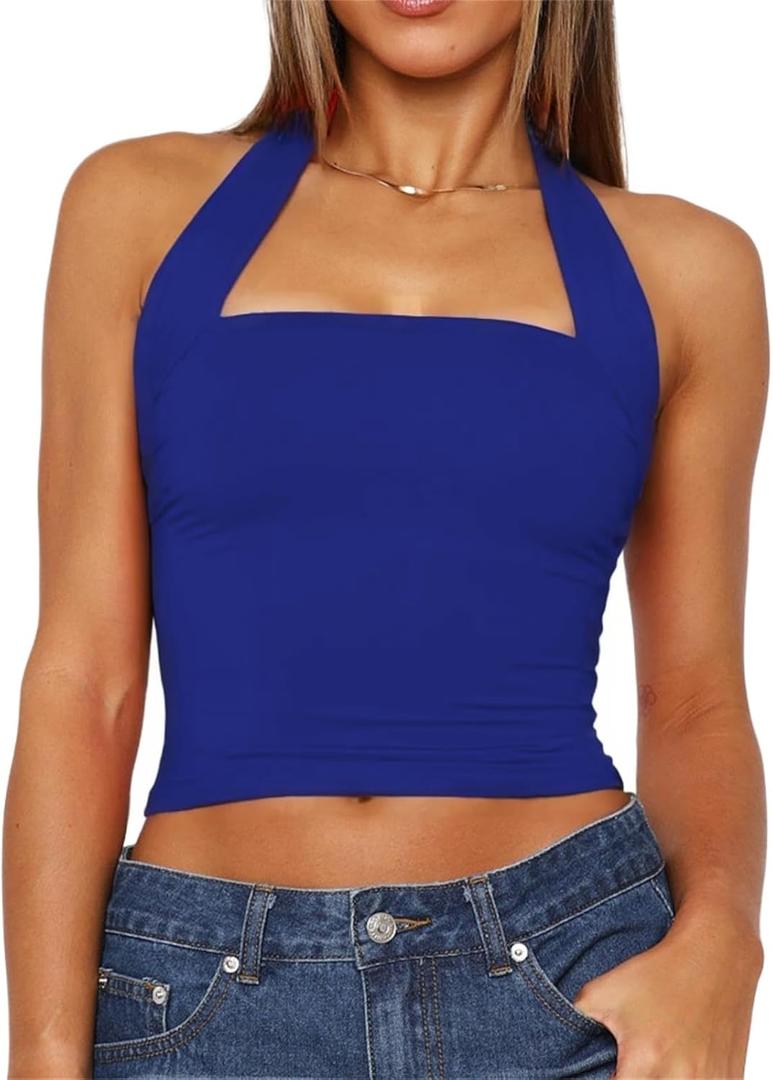 ForeFair Women Halter Neck Backless Crop Top Sexy Y2K Sleeveless Tank Top Open Back Slim Fit Tops (Medium, Royal Blue)
