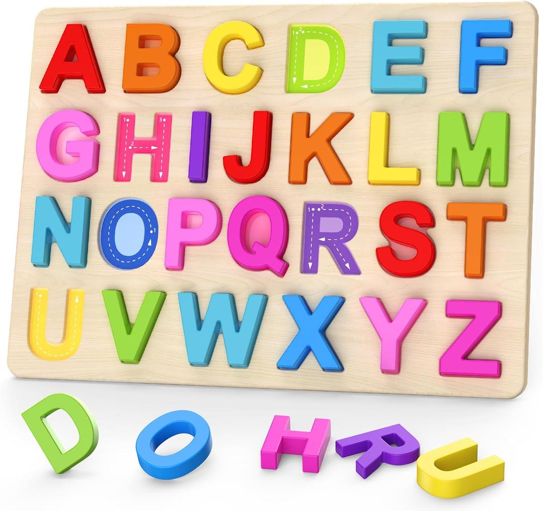Zeoddler Alphabet Puzzles, Wooden Puzzles for Toddlers, ABC Shape Puzzles for Kids, Preschool Learning Activities, Gift for Girls Boys