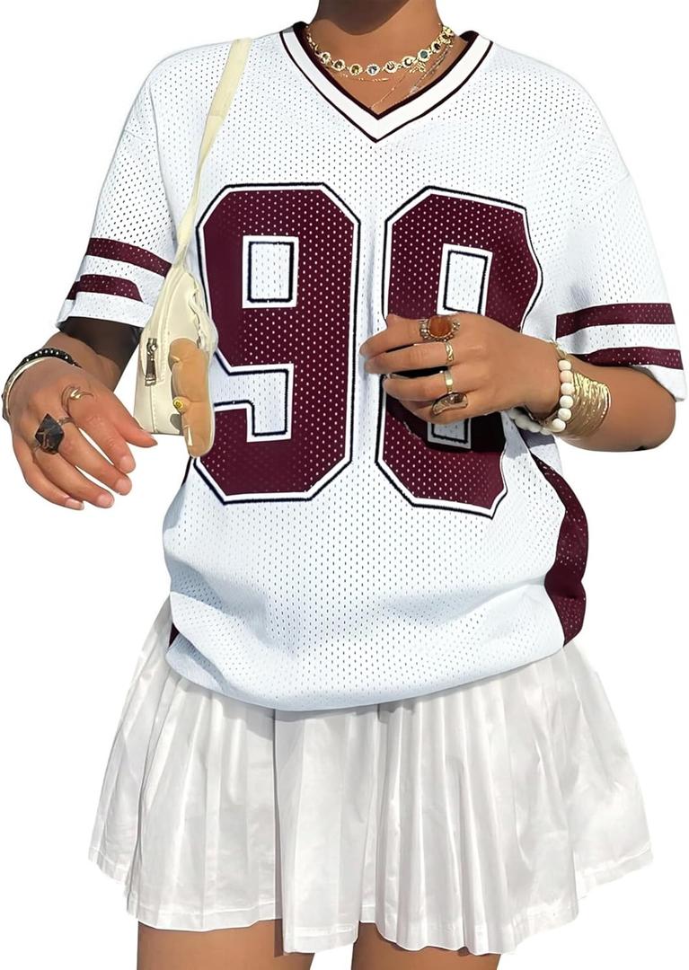 Jersey Shirts for Women Y2k Graphic Number Shirt Oversized V Neck Shirts Casual Streetwear Summer Tops (Large, Red)