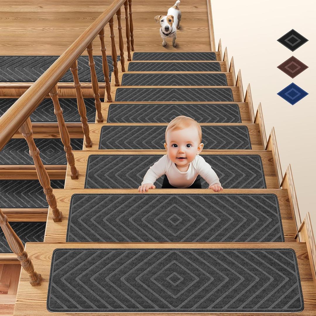 Stair Treads for Wooden Steps, 8" X 30" Stair Treads Non Slip, Peel and Stick Stair Carpet, TPR Self-Adhesive Backing May Reusable, lndoor Stair Runner Suitable for Kids Elders and Pet15pcs-Grey