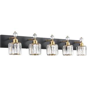PRESDE Modern Black Crystal Bathroom Vanity Light for Bathroom 5 Light Vanity Lighting Fixtures Over Mirror Wall Sconce