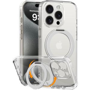 COOLQO for iPhone 15 Pro Case, Compatible with MagSafe, 360 Magnetic Ring Holder Silver Stand