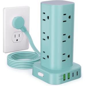 Power Strip Tower with Multiple Outlets, Flat Plug Surge Protector Tower Extension Cord with 12 AC Outlets 4 USB Ports (2 USB C), 6FT Cord Power Tower Surge Protector for Home Office Dorm Room, Blue