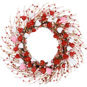ANVAVO Valentines Day Wreath 18 Inches Red Pink and White Heart Berries Artificial Round Wreath for Wedding Party Anniversary Decor