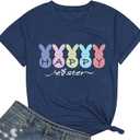 Women's Easter T-Shirt, Funny Bunny and Eggs Graphic Printed Crew Neck Short Sleeve Top, Size M