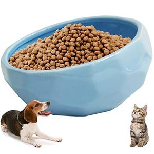 kathson 7'' Slanted Ceramic Dog Bowl Tilted 15° Cat Food Water Bowls Dish Animal Pet Comfort Feeding Bowls Heavy Weighted Feeder for Wet or Dry Food (Blue)