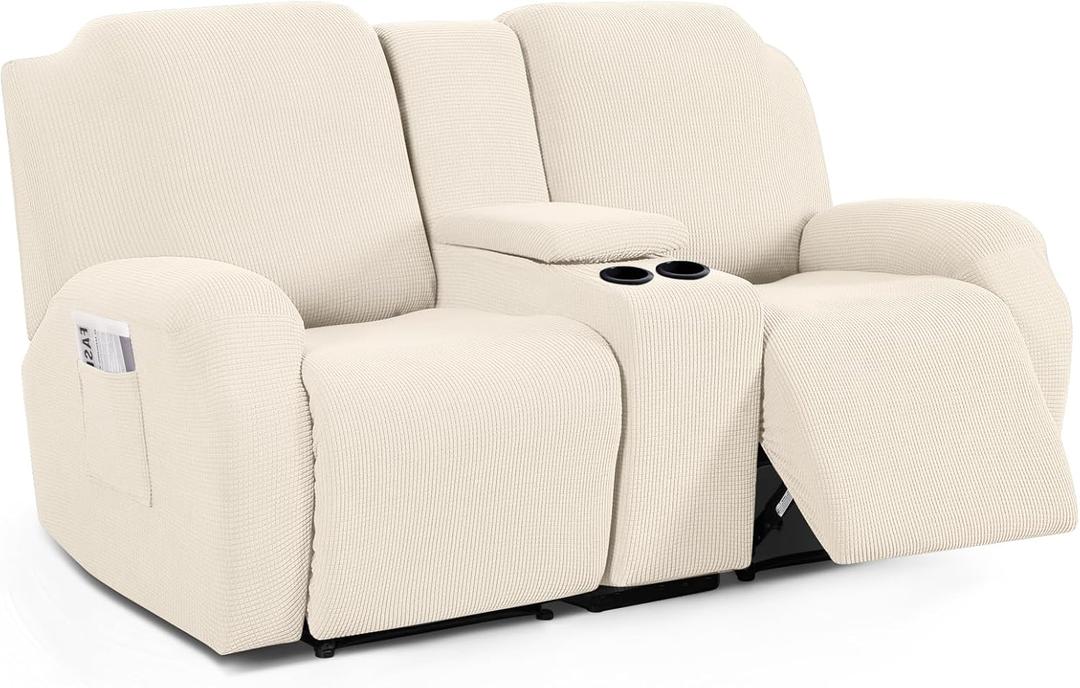 TAOCOCO Loveseat Recliner Cover with Middle Console, Stretch Loveseat Cover for 2 Seat Recliner Couch, Jacquard Reclining Sofa Covers Loveseat Slipcover Furniture Protector, Beige