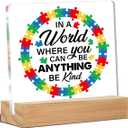 Autism Awareness Sign, Autism Desk Decor Inspirational in a World Where You Can Be Anything Be Kind Acrylic Desk Plaque Sign Home Office Bedroom Decoration 4 x 4 Inches