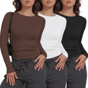 MLYENX 3 Pack Womens Long Sleeve Shirts Crew Neck Basic Stretchy Fitted Y2K Tops Going Out Fashion Clothes (Medium, 3b:black,white,coffee)