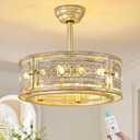 Caged Ceiling Fan with Light and Remote, 19" Vintage Crystal Fandelier, Gold Bladeless Ceiling Fan, Low Profile Ceiling Fan for Bedroom, Farmhouse Chandelier Fan for Living Room