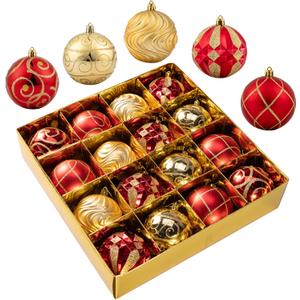 Christmas Ornaments - 16 Pcs Christmas Ball Ornaments Set, Assorted Shatterproof Christmas Glittering Ornaments for Christmas Tree, Christmas Tree Decoration for Xmas Holiday (Gold & Red)