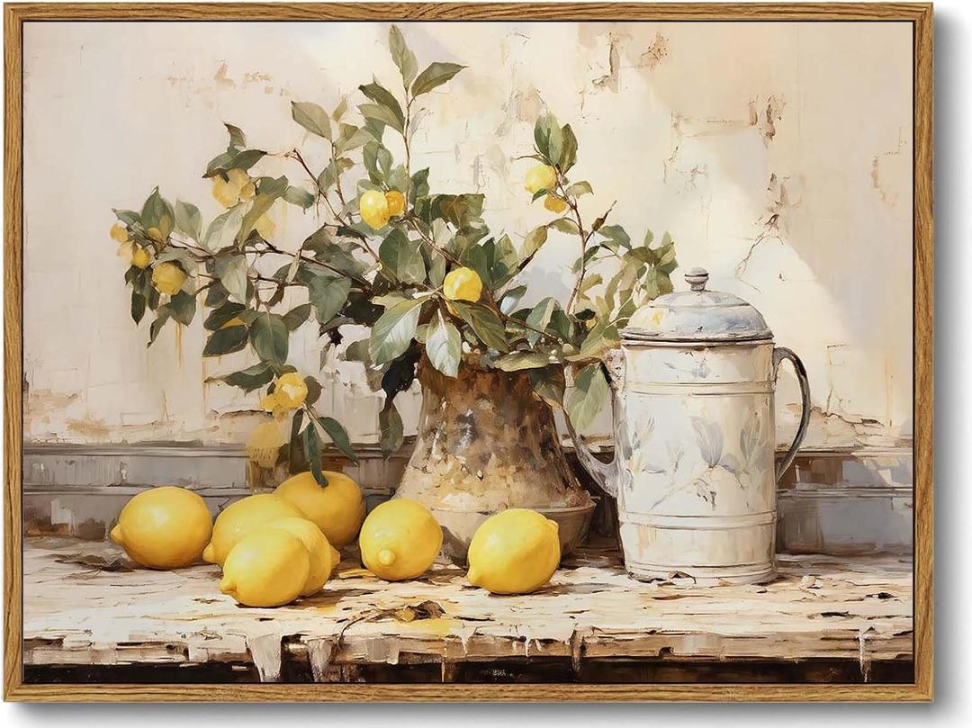 XLARTMY Framed Vintage Kitchen Wall Art, Yellow Lemon Still Life Wall Art Oil Paintings, Rustic Farmhouse Artwork Canvas Posters Prints Pictures for Living Room Bedroom 12x16In