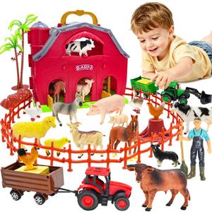 BOLZRA Farm Animals Big Red Barn Toy for 1 2 3 4 5 Years Old Toddlers, Kids Farm Figures Fence Playset with Tractor, Preschool Montessori Learning Toys, Christmas Birthday Easter Gift for Boys Girls
