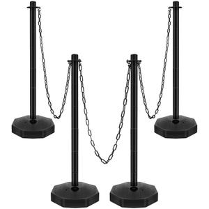 4 Sets Plastic Stanchion Set Traffic Delineator Post Cones with Fillable Base 6.6 ft Plastic Chain and S Hooks Crowd Control Parking Barrier for Traffic Caution Parking Lot Construction Roads (Black)