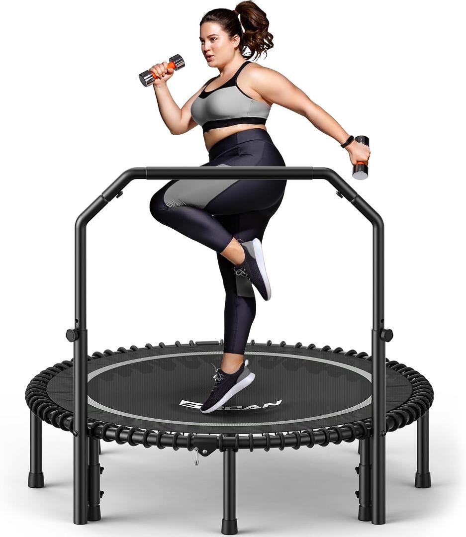 BCAN BT2 450/550LBS Mini Rebounder Trampoline for Adults with Bar, Fitness Trampoline with Bungees, Adjustable Handle, Stable & Quiet, Indoor Outdoor, Whole-Body Workout & Relaxation at Home- 48IN