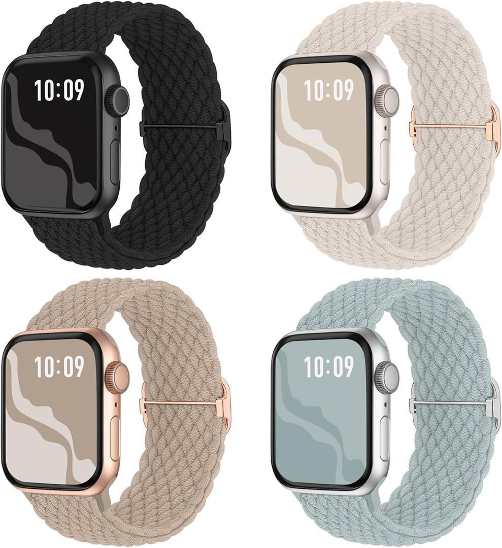 Braided Stretchy Solo Loop Compatible for Apple Watch Band 38mm 40mm 41mm 42mm 44mm 45mm 46mm 49mm for Women Men, Nylon Elastic Straps Wristbands for iWatch Series 10 9 8 7 6 SE 5 4 3 2 Ultra Ultra 2 (Black/Starlight/MilkTea/Succulent)