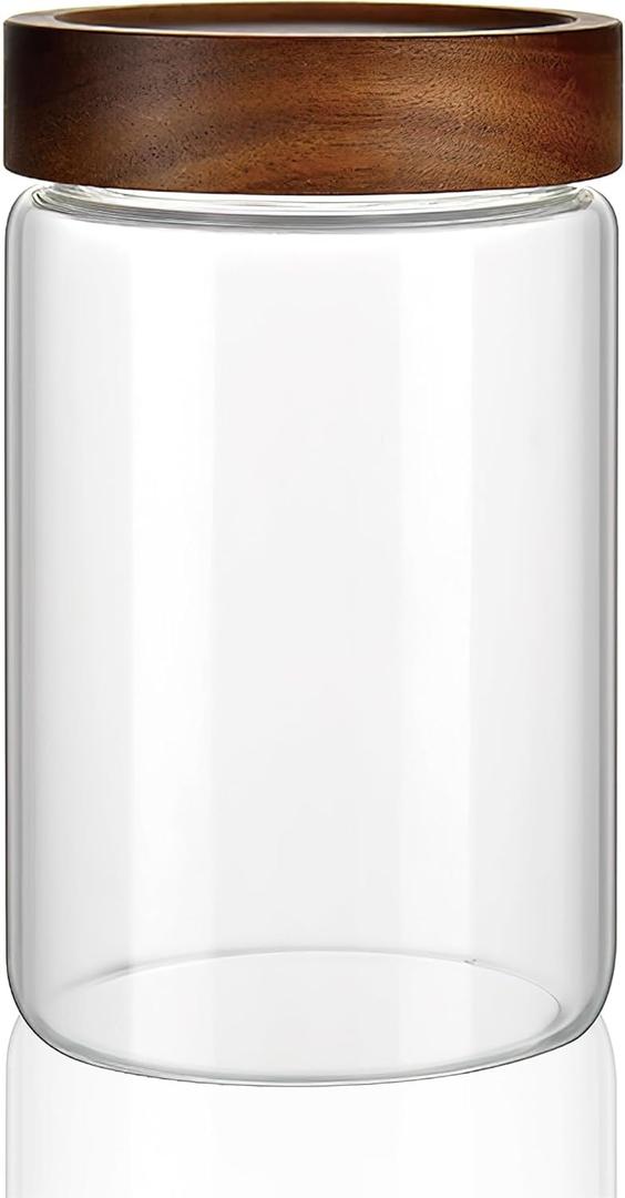 28 fl oz/850 ml Clear Glass Storage Canister with Airtight Wooden Screw Lid, Medium Cute Decorative Glass Container Jar for Coffee,Candy,Salt,Cookie,Condiment,Pepper,Sugar,Overnight Oatmeal