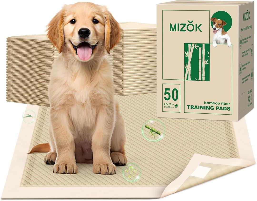 MIZOK Puppy Pads Small 22x22 Pee Pads for Dogs Bamboo Odor Eliminating & 6-Layer Absorbent Leak-Proof Dog Pee Pads Potty Training with Adhesive Tabs, Disposable (50 Counts)