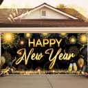 2026 Happy New Year Double Garage Door Decorations 7 x 16 Ft Black and Gold New Year Garage Door Cover Banner Outdoor Large Eve Backdrop for Home Wall Yard Decor (Firework)