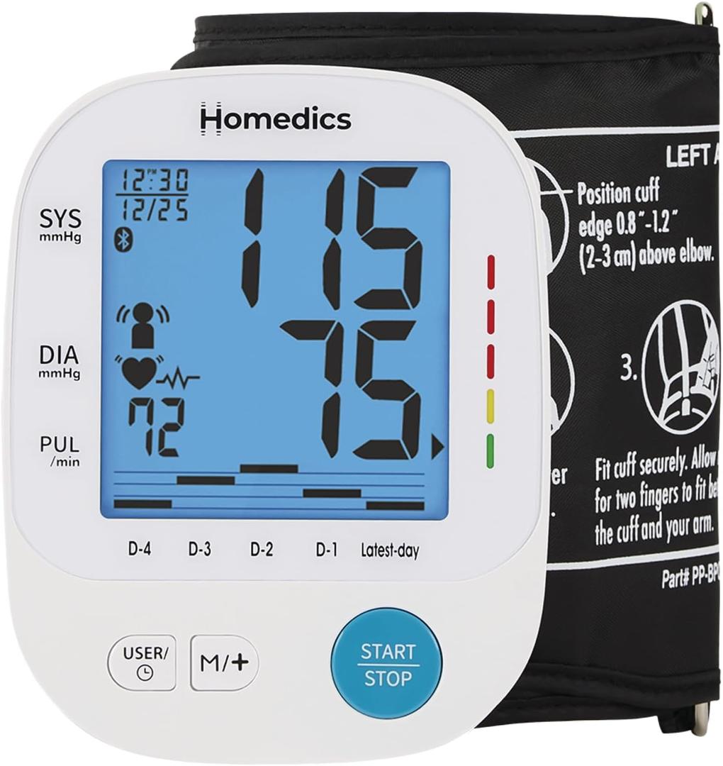 Homedics 700 Series Arm Blood Pressure Monitor for Home use, 5-Day Trend View, Irregular Heartbeat & Motion Detection, Bluetooth for Homedics Health App Sync, 2 Users, Soft Arm Cuff (9"-17")