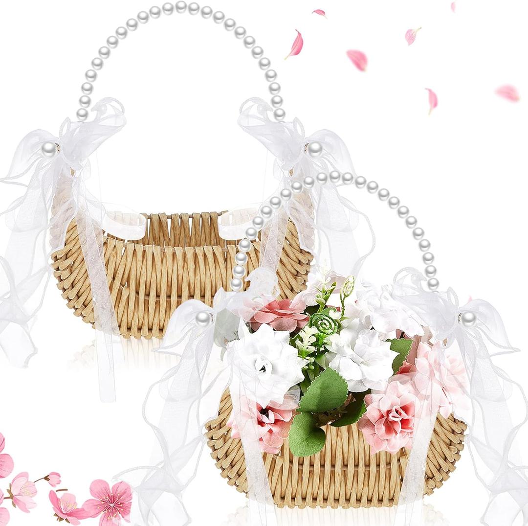 Taiyin 2 Pcs Wicker Flower Girl Basket with Pearl Handle and Ribbon Bow Cute Small Half Moon Shape Basket for Wedding Flowers Gifts Outdoor Picnic Home Party Decoration