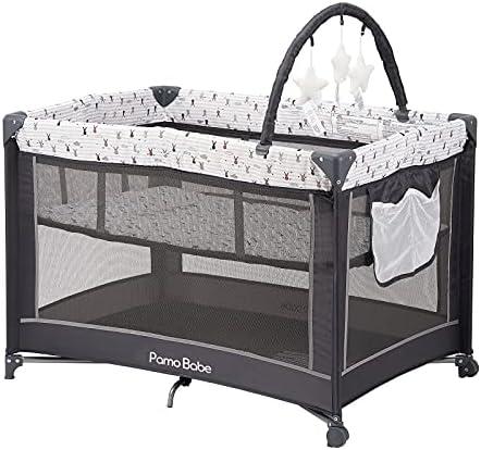 Pamo Babe Portable Playard, Sturdy Play Yard with Padded Mat and Toy bar with Soft Toys