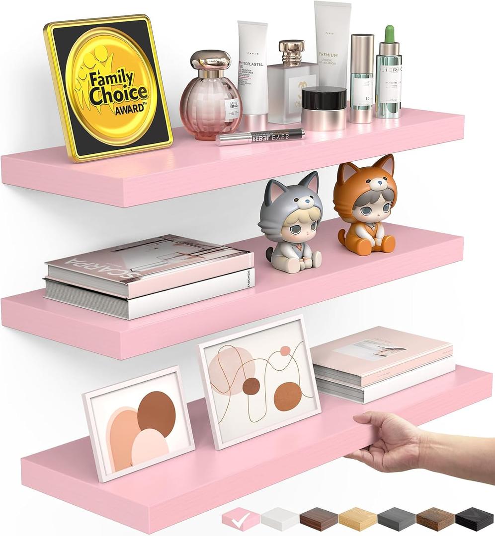 BAYKA Pink Floating Shelves for Wall  15.7in Wood Wall Shelves for Bathroom, Bedroom, Living Room Decor Organize  Hanging Shelf for Books/Storage/Display with 22lbs Capacity(Set of 3) (D. Pink - Romantic & Sweet Style)