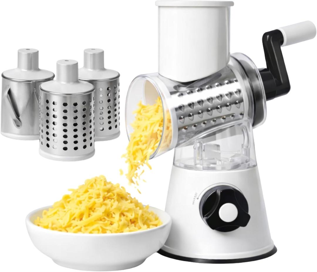 Cheese Grater Hand Crank, Rotary Cheese Grater with Strong Suction Base, 3-in-1 Manual Vegetable & Nut Slicer, Stainless Steel Blades for Cheese, Potato, Carrot, Cucumber, White