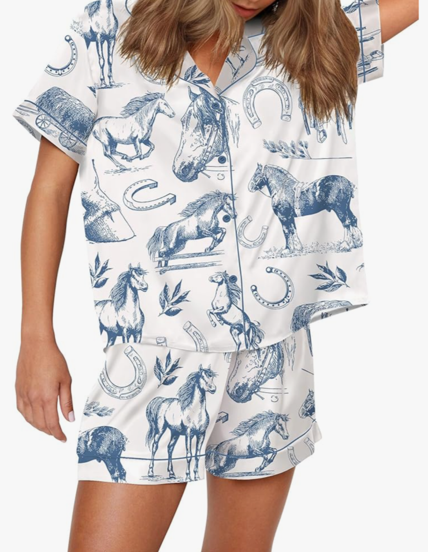 SHESHOW Pajamas for Women Set Comfy Button Down Short Sleeve and Shorts Loungewear Sets Horse Lover White XL SHESHOW Pajamas for Women Set Comfy Button Down Short Sleeve and Shorts Loungewear Sets Horse Lover White XL