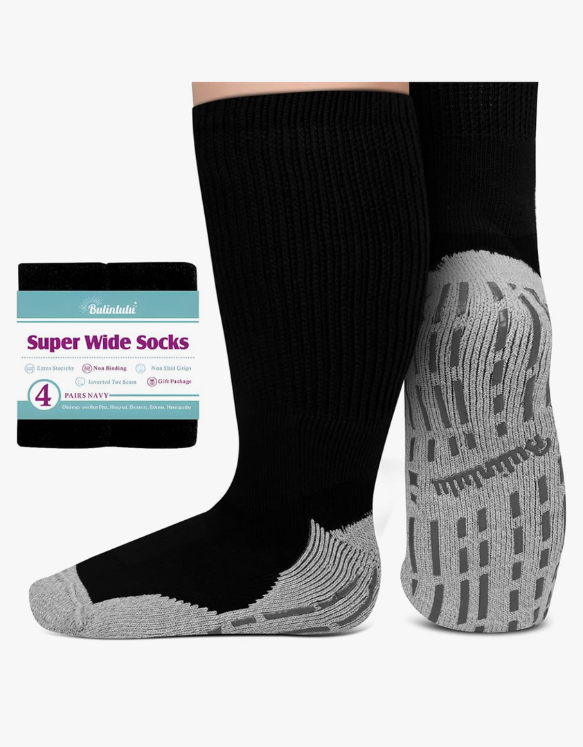 Bulinlulu Extra Width Socks for Swollen Feet-4 Pairs Hospital Grip Socks,Bariatric Socks,Diabetic Socks for Women Men 13-15