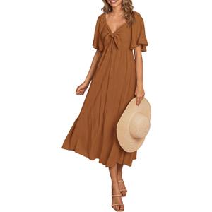 PRETTYGARDEN Summer Dress for Women 2025 Casual Short Sleeve Bow Tie V Neck Ruffle Midi Flowy Dresses (Brown, Large)