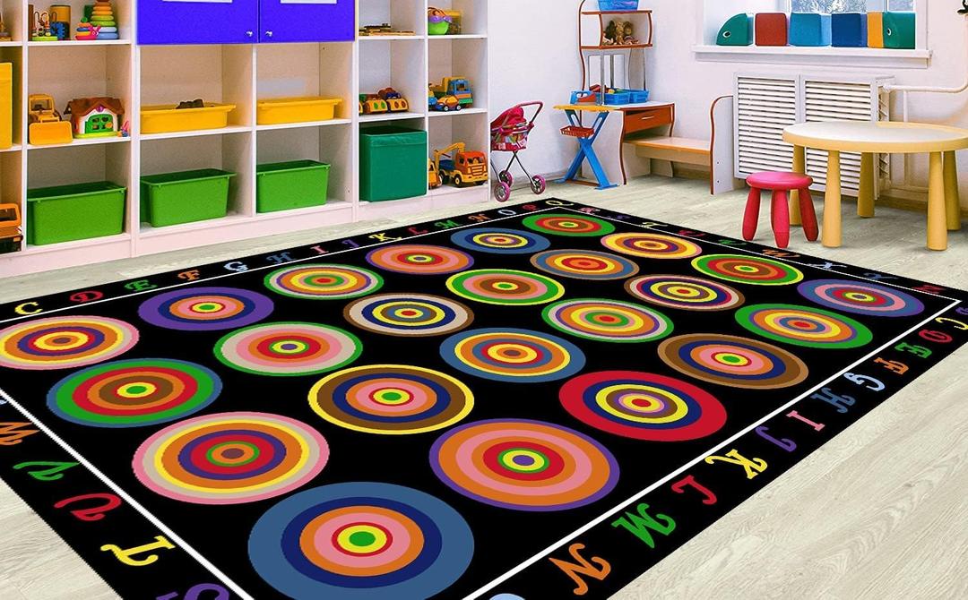 HUAHOO Large Classroom Rug 12'6" x 8'2" Black Elementary Preschool Teacher Rug Kids Room Alphabet Classroom Carpet Machine Washable with Non-Slip Backing, Rainbow Circles Black (8'2" x 12'6" (Rectangular))