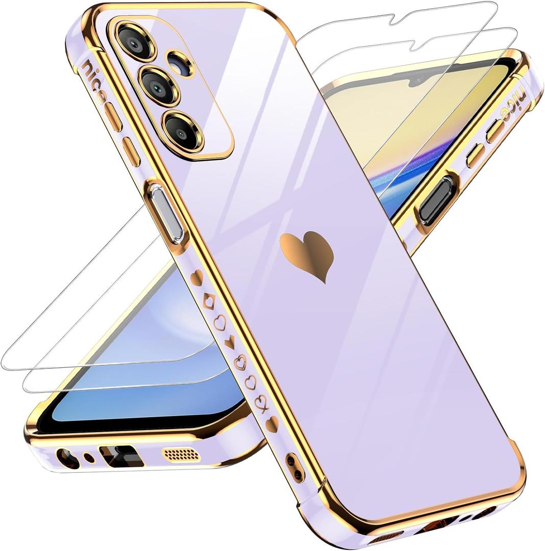 LeYi for Samsung Galaxy A15 5G Case: with Tempered Glass Screen Protector [2 Pcs]+Camera Lens Protection, Love Heart Plating Girly Luxury Shockproof Case for Samsung A15, Cute Present for Mom, Purple