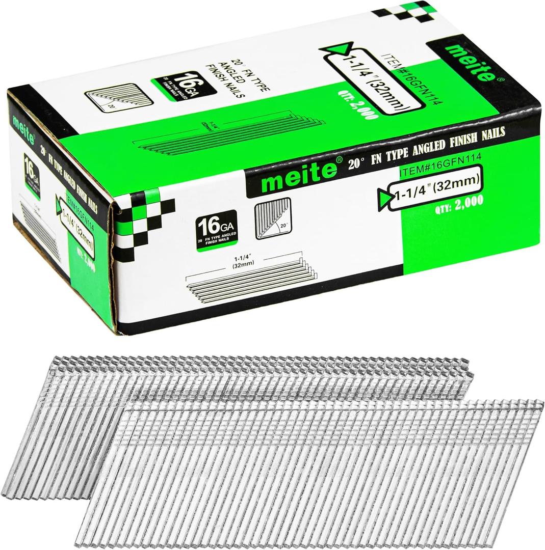 meite 16 Gauge Angled Finish Nails 1-1/4-Inch 20-Degree Galvanized Finishing Nails for Electric or Pneumatic Nailer Guns - Perfect for Window Trim, Cabinet Building and Other DIY Projects (2,000 PCS)