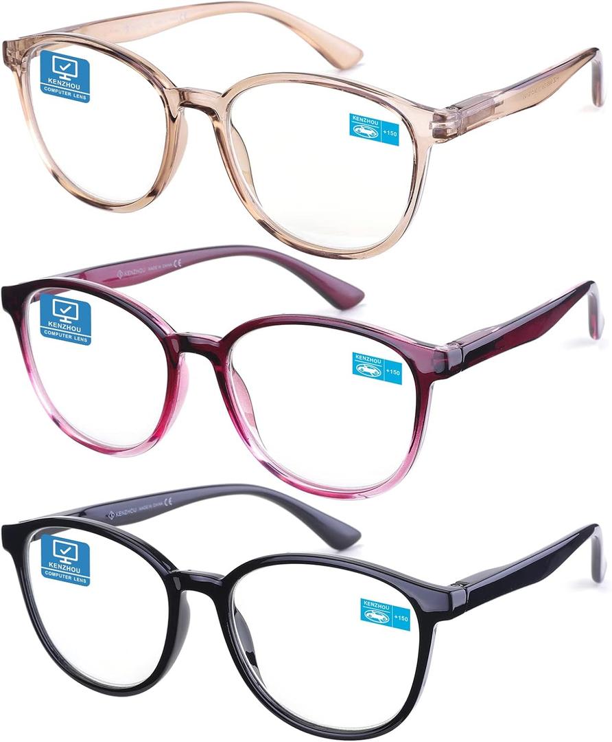 K KENZHOU Blue Light Reading Glasses for Woman Men Computer Gaming Phone TV Bluelight Blocking Glasses for Eye Strain,3-Pack (C1c7c10)