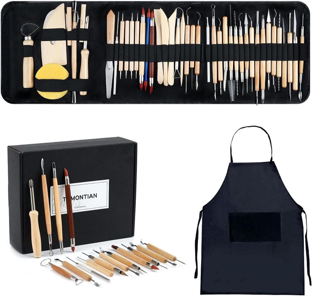 TEMONTIAN Pottery Tool KitClay Sculpting Tools,43 Pcs Double Sided Pottery Wheel Tools for AdultsPottery Carving ToolsPottery Kiln Tools at HomeCeramics Tools Set with Carrying Case Bag and Apron (BLACK)