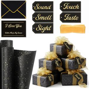 Bafeil 5 Senses Gift Wrapping Paper Set for Him with Labels Envelopes Ribbon Cards, Black with Gold Letters Five Senses Gift for Anniversary Valentine's Day Birthday