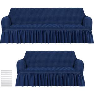Fanfanwin 2 Pcs Sofa Slipcover Set for Couch Cushion Couch Cover with Skirt Durable Washable High Elastic Stretchable Furniture Covers for Sofa Loveseat Arm Chair(Navy Blue)