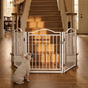 No Pawblems Full Metal Free Standing Dog Gate with Door, 30'' Tall Foldable Freestanding Pet Gate for Indoor & Outdoor, Up to 78 Inch Extra Wide Dog Fence for Doorways, Stairs, Deck, Yard - White