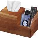 BIBELUN Square Tissue Box Cover,Multi-Functional Wood Tissue Box Holder with Storage Grid,Tissue and Remote Control Holder,Decorative Facial Tissue Cube Box Organizer for Desk,Nightstand,Bathroom (Brown)