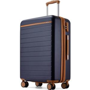 Kono 24 Inch Check In Suitcase Expandable Luggage, Business Travel Suitcase for 5-7 Days, Durable ABS+PC Hardshell with Side Handles & Kick Plates, Double Spinner Silent Wheels, Navy/Brown