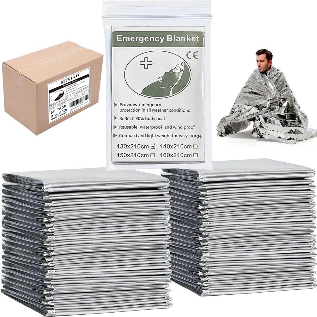 Emergency Foil Blanket (Pack of 50), Survival Thermal Mylar Blankets Individually Packaged Perfect for Outdoors, Hiking, Marathons or First Aid